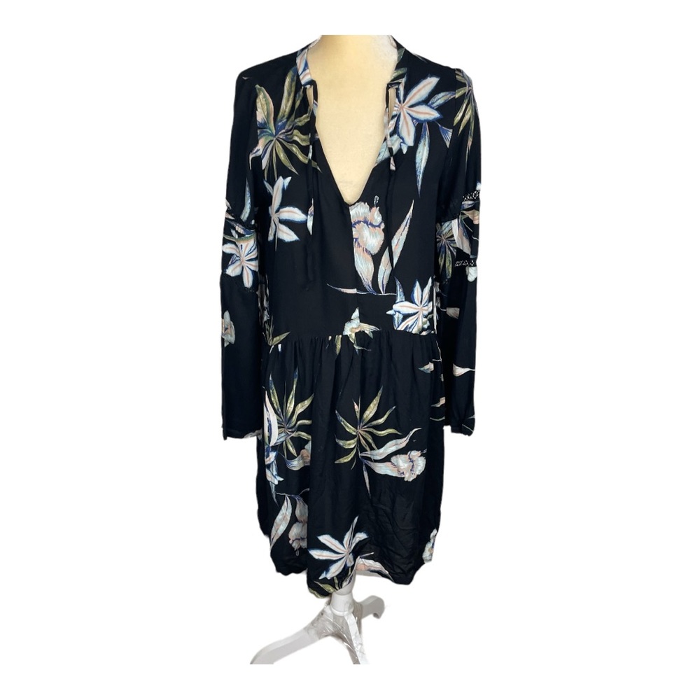 Roxy Coverup Dress Black Floral Tropical Tiered Size Small